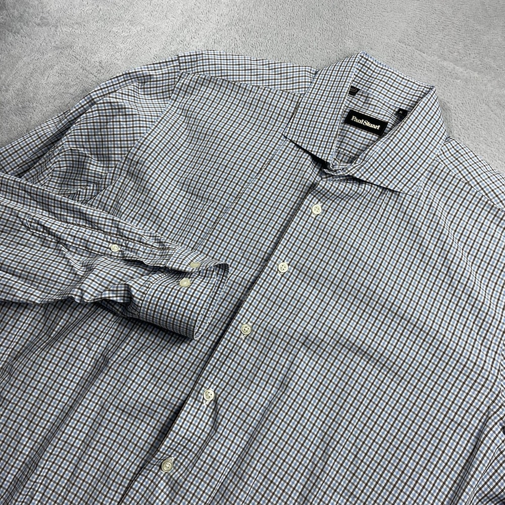 Paul Stuart Shirt Mens XL Blue Brown Check Button Down Long Sleeve